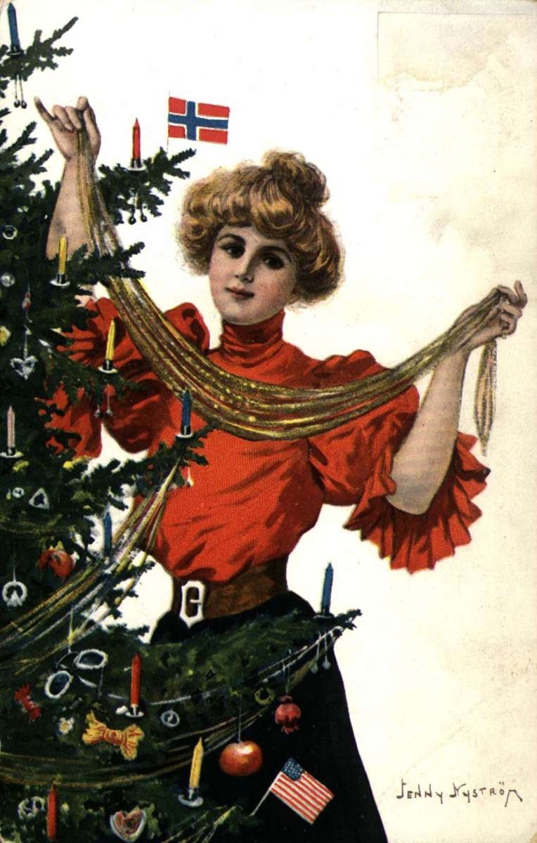 Julekort. Nyttårshilsen. Ung kvinne pynter et juletre. Illustrert av Jenny Nyström (1854-1946). Svensk. Stemplet 29.12.1908.