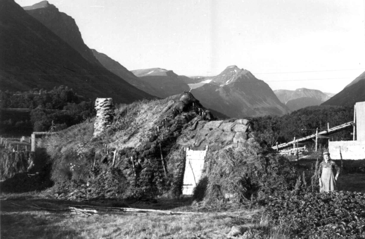 En kvinne utenfor en gamme. Olderdalen, Kåfjord, Troms 1947.