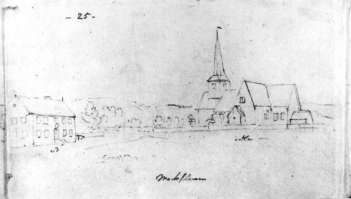 Vestre Moland kirke ant. (196),  Lillesand,  Aust-Agder. Blyantskisse fra John Edy: "Drawings Norway 1800",  skissealbum innlånt fra Deichmanske bibliotek.
