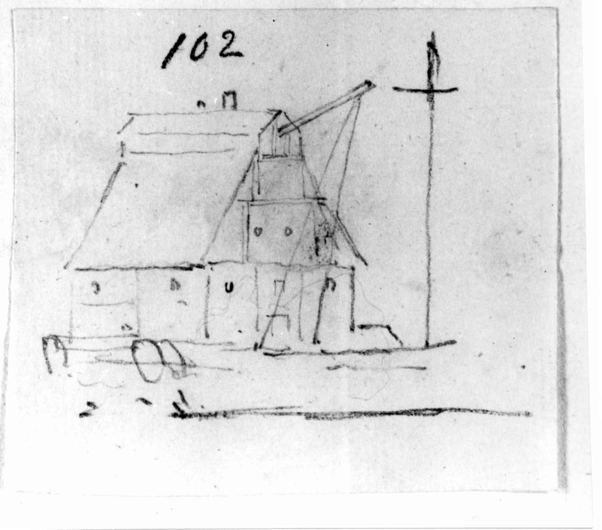 Oslo. Christiania. Blyantskisse av John Edy: Drawings, Norway, 1800. "Bod på brygga med kran". Skissealbum utlånt av Deichmanske bibliotek.
