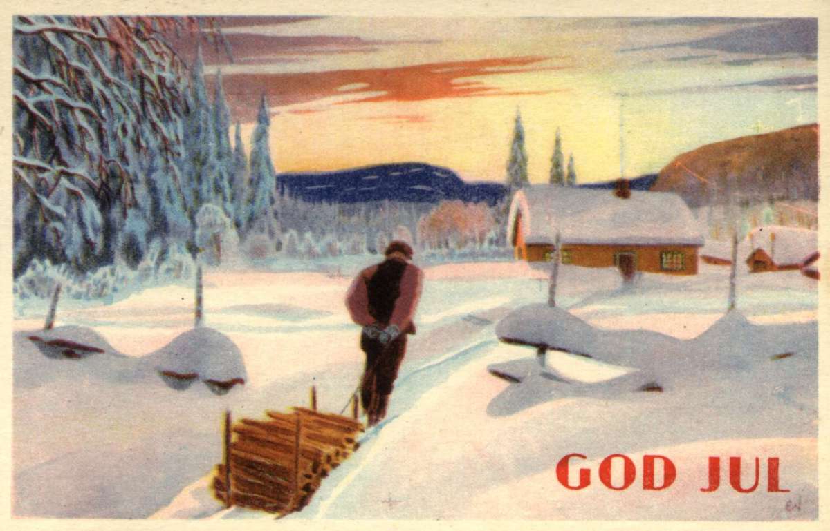 Julekort. Ubrukt. Vintermotiv. En mann drar en kjelke med ved mot et hus i bakgrunnen. Illustrert av Erling Nielsen.
