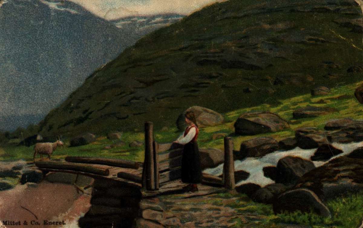 Postkort (overrekkelsekort). Jule- og nyttårshilsen. Sommermotiv. Fjellandskap. Seterjente. Geit. Datert 1906.