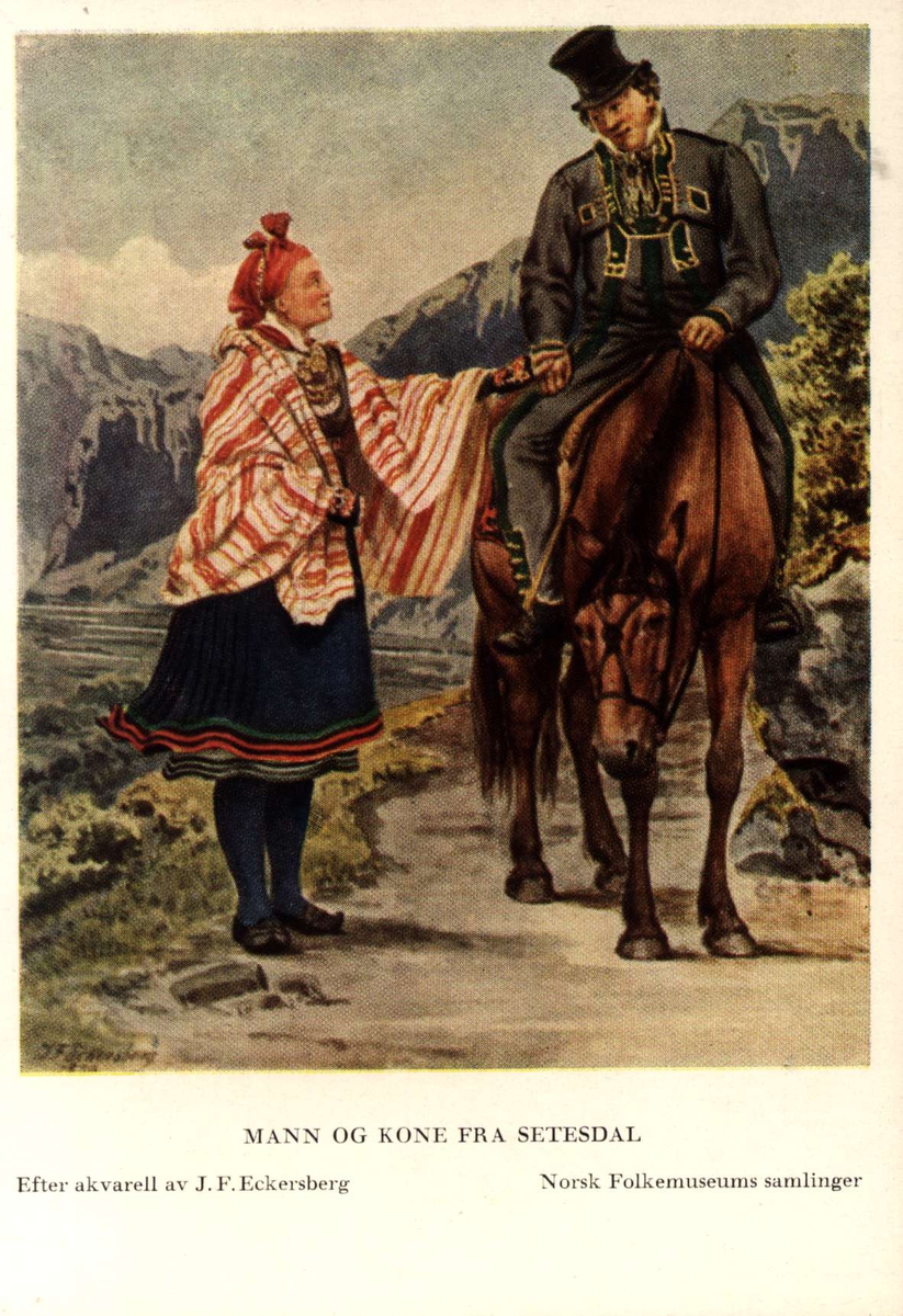 Postkort utgitt av Norsk Folkemuseum. Etter draktakvareller fra JF Eckersberg. Mann og kone fra Setesdal.