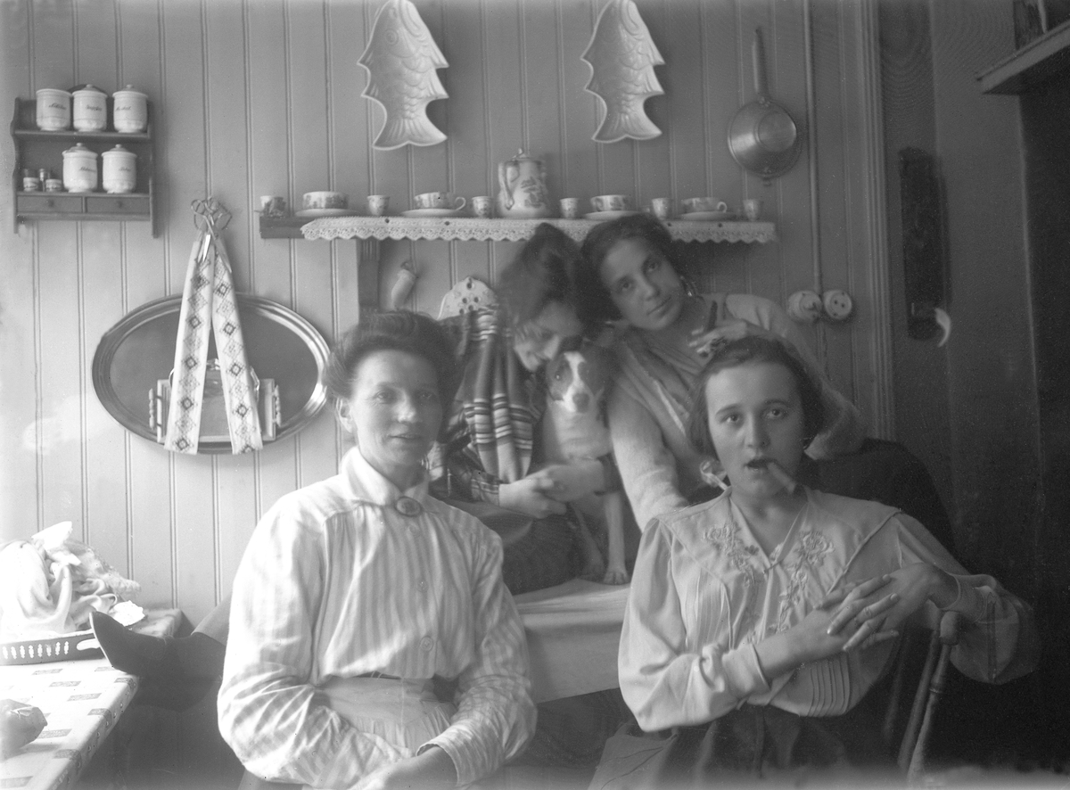 Fire unge kvinner på kjøkkenet i Bennett-familiens hus Bergly. Fra venstre hushjelpen Ingeborg, Lillian Bennett, hunden Bobby, Ruth Fersing og Else Mostue med sigar.