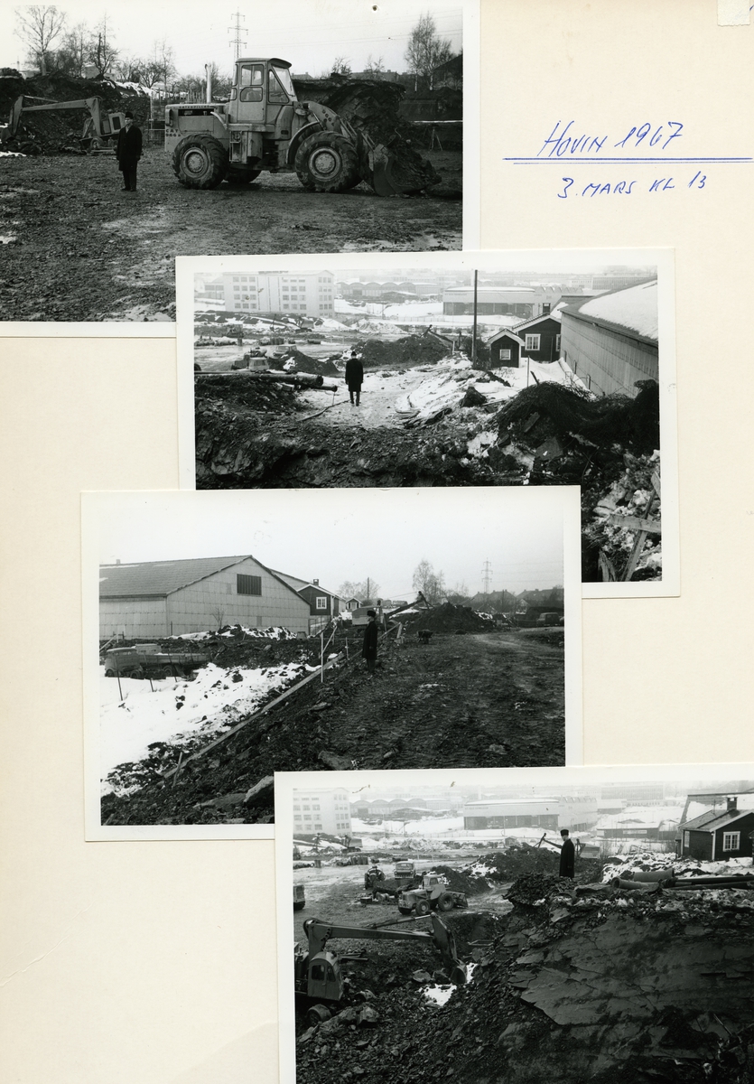 Byggeplass.
Konstruksjon av Tiedemanns Tobaksfabrik på Hovin i 1967. Dette er et montasje av fire fotografier som alle viser Axel Prytz på byggeplassen. Prytz var Overingeniør ved J. L. Tiedemanns Tobaksfabrik fra 1968-1981.