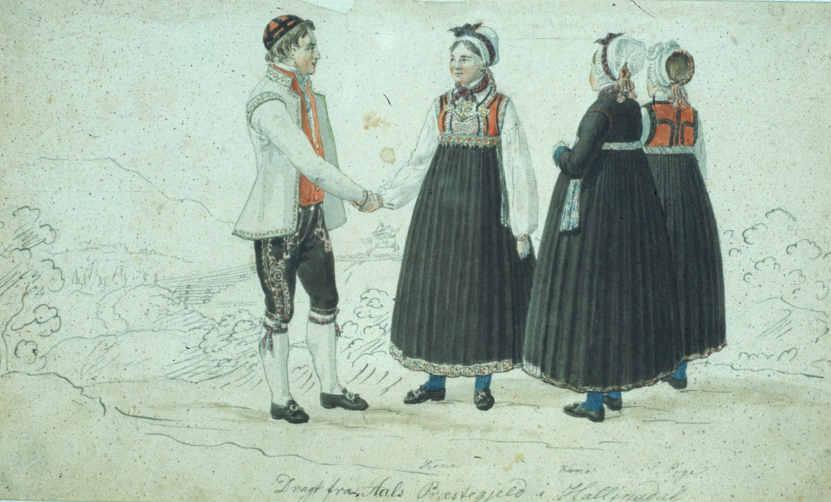 Avfotografering. Kvinne- og mannsdrakt Ål, Hallingdal. Akvarell av J.Flintoe
