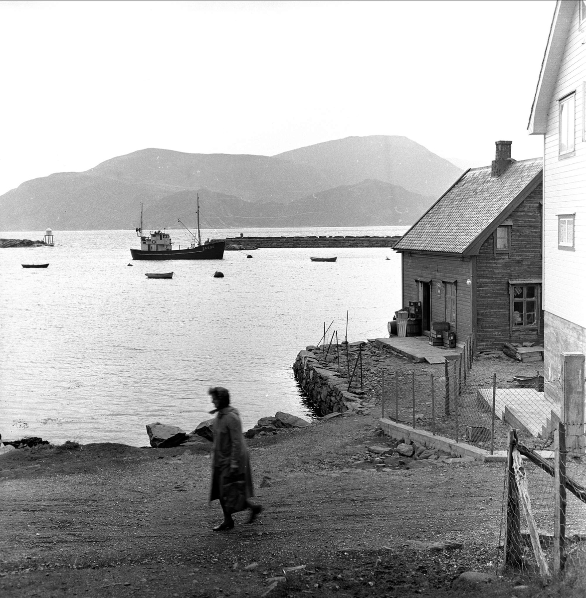 Øya Silda med hus båter og molo. Vågsøy mars 1963.