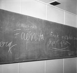 Berg arbeidsskole, Berg, Andebu, 08.06.1958. Tavle på veggen