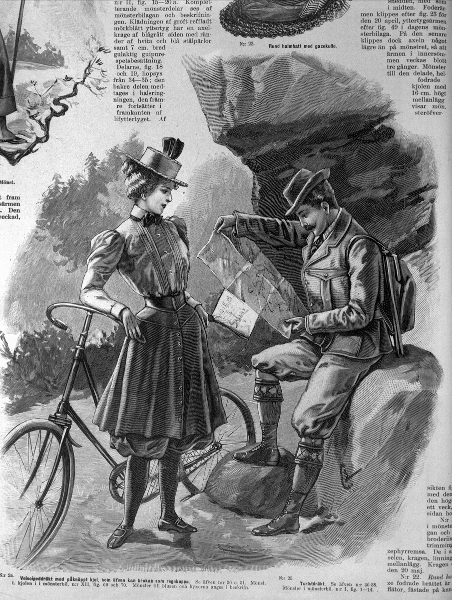 En man och en kvinna i eleganta friluftskläder. Kvinnan lutar sig mot en cykel, mannen sitter på en sten och studerar en karta. "Velocipeddräkt med påknäppt kjol, som äfven kan brukas som regnkappa." samt "Turistdräkt". Illustration ur tidningen Idun, 1898.
