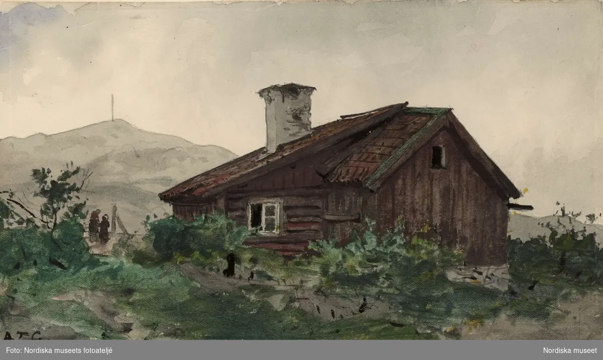 Akvarell av A T Gellerstedt. Enkelt, rödmålat bostadshus.