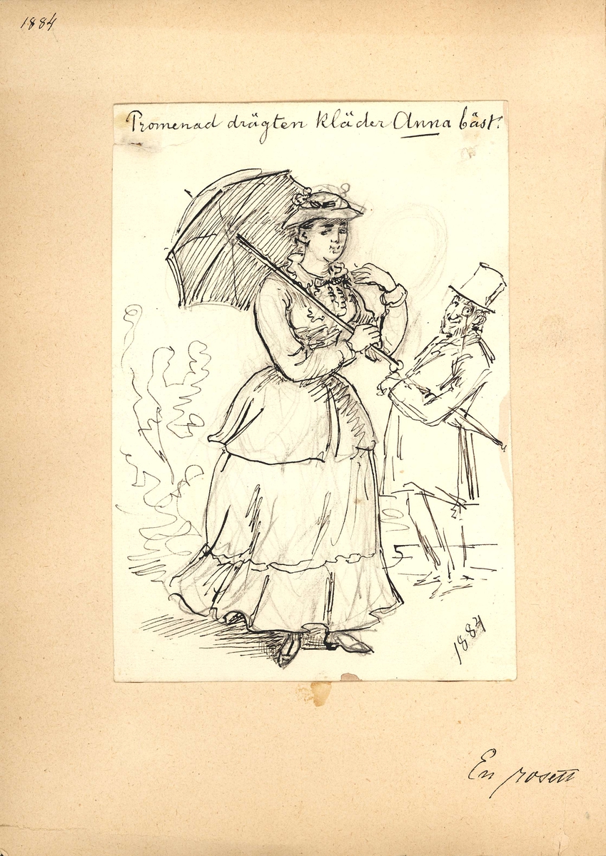 Teckning, Fritz von Dardel, 1884. "Promenad drägten kläder Anna bäst".