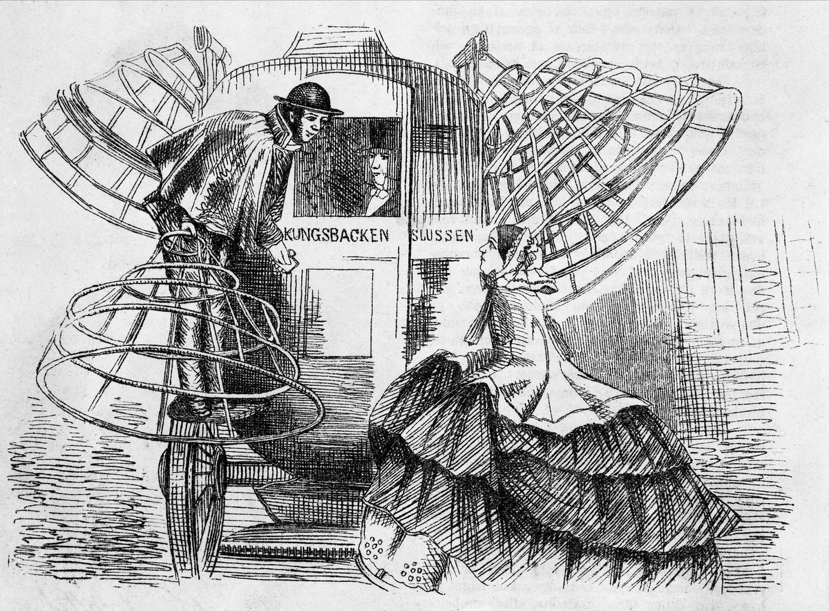 Krinolinställ bundna på vagn. Repro ur Illustrerad Tidning nr. 41, 1858.