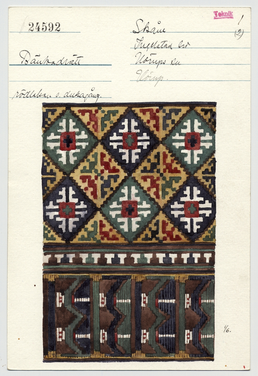 Katalogiseringskort, så kallad kataloglapp, från Nordiska museet. Föremål inv.nr 24592, bänkadrätt från Skåne. Akvarell av Emelie von Walterstorff.