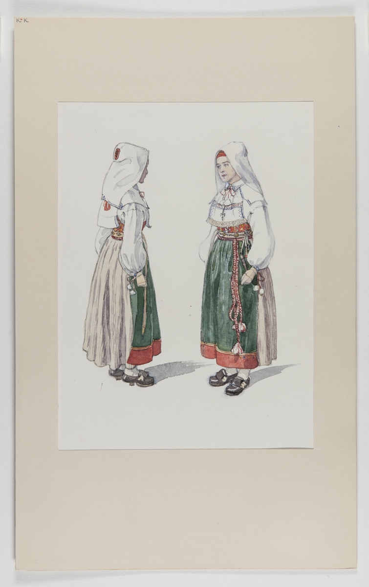 Sommarhögtidsdräkt för ogift kvinna, Orsa socken, Dalarna. Akvarell av Emelie von Walterstorff.