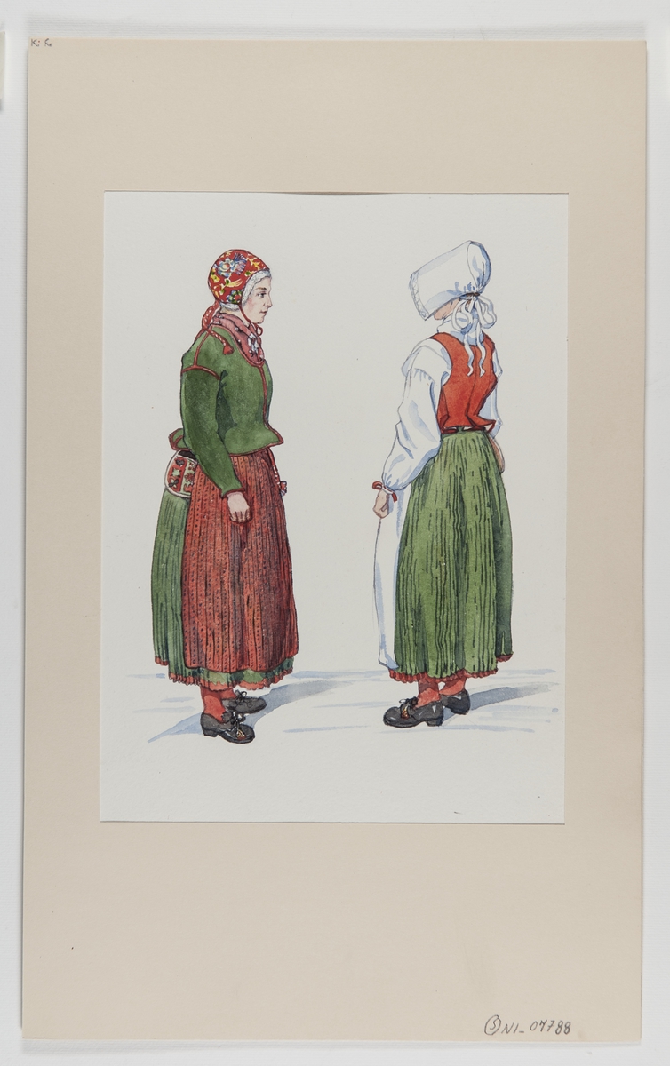 Högtidsdräkt för gift och ogift kvinna. Ore socken, Dalarna. Akvarell av Emelie von Walterstorff.