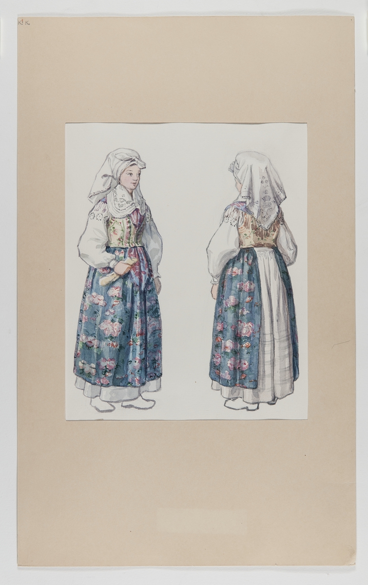 Kvinnodräkt från Jämjö socken i Blekinge. Akvarell av Emelie von Walterstorff.