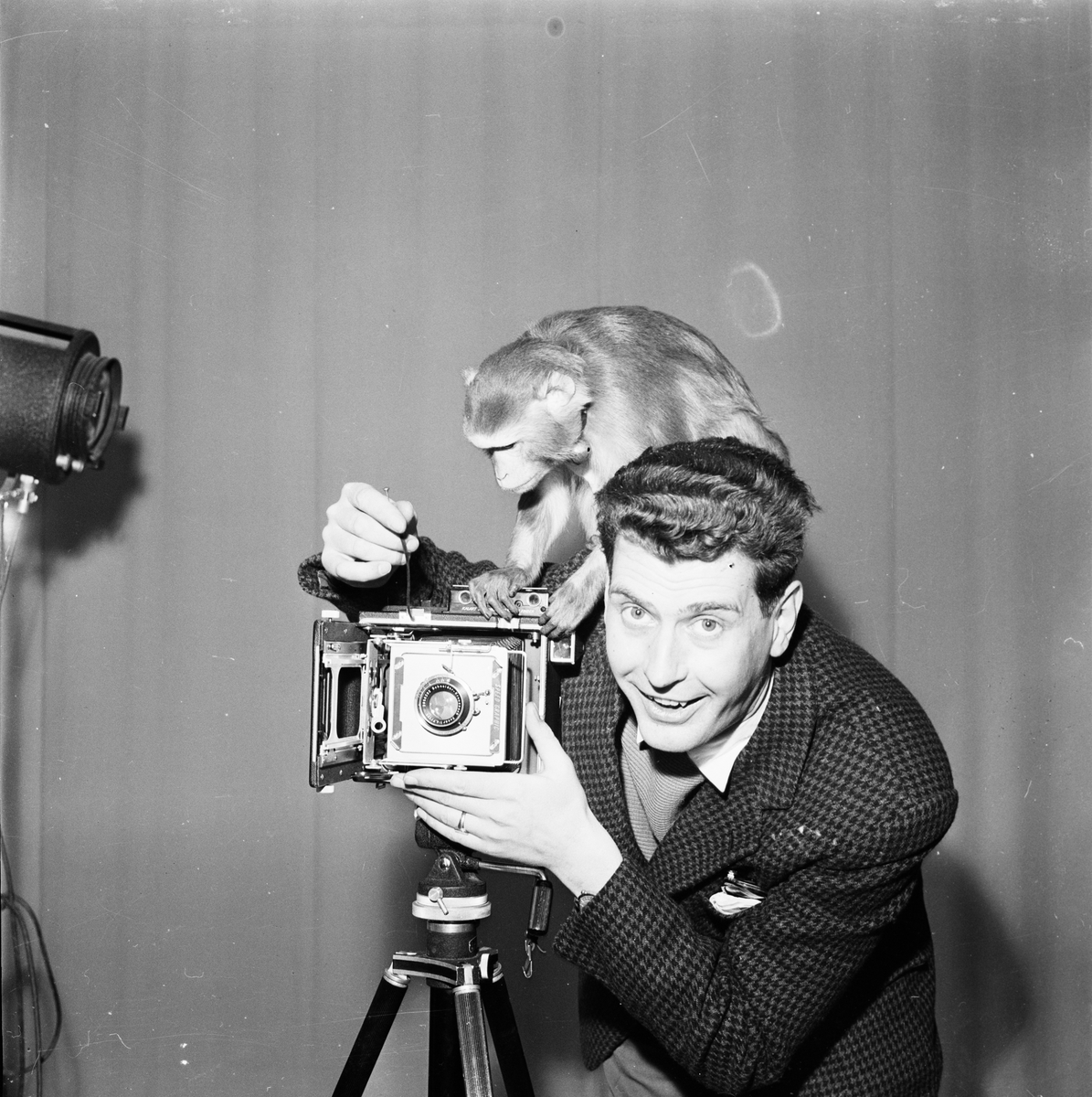 Uppsala-Bilds fotograf Claes Claesson med en apa på axeln, Uppsala 1957 ...