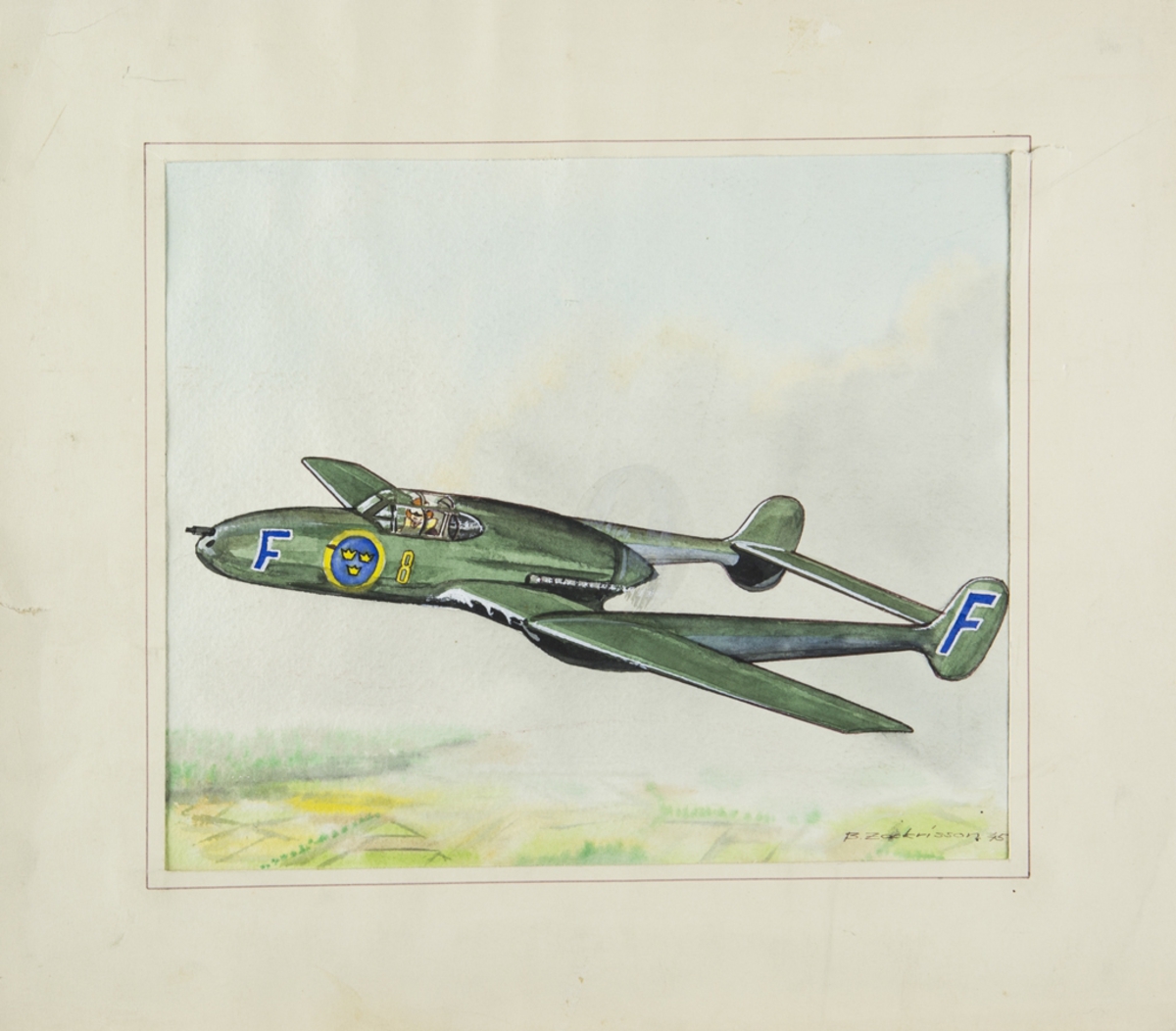 Akvarellmålning föreställande en flygande J 21A från F 8. Passepartout.