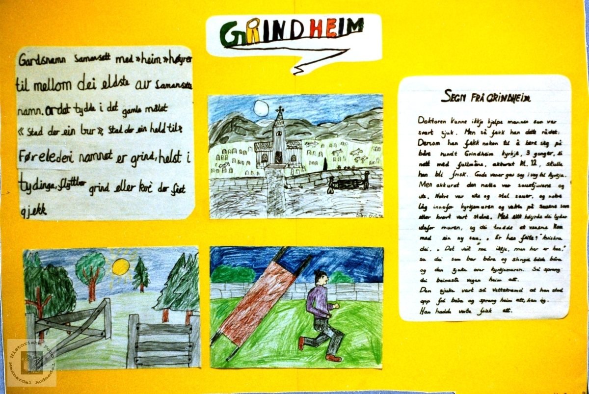 Grindheim med info og tegning i forbindelse med bygdeutstilling. Audnedal