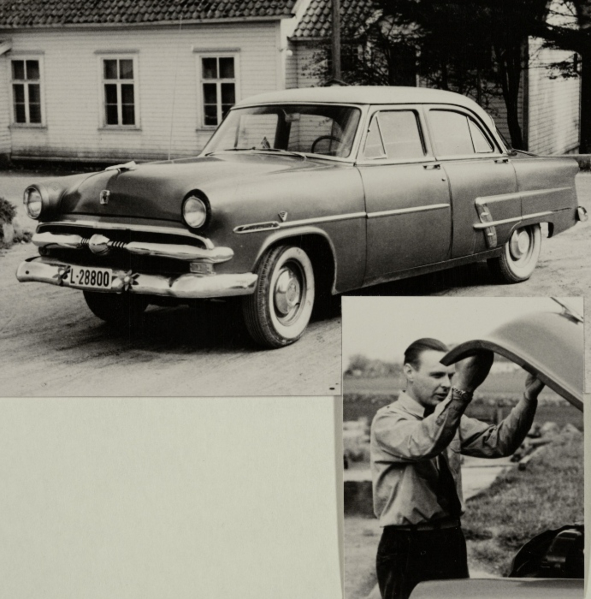 To bilder: stående Ford, 1953-modell, foran et hus og Morten Lea åpner panseret til bilen