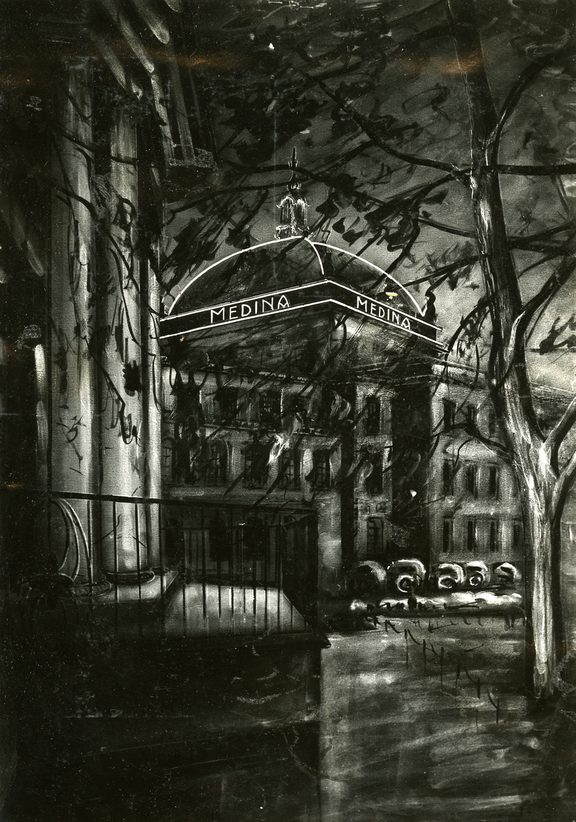 Avfotografert tegning av Nationaltheatret med lysreklame for Medina sigaretter på kuppelen.