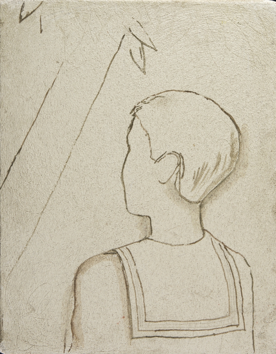 Alfrescomålning på betong. Ej signerad. Motiv: Kvinnoporträtt samt skisserad pojke i sjömanskostym.