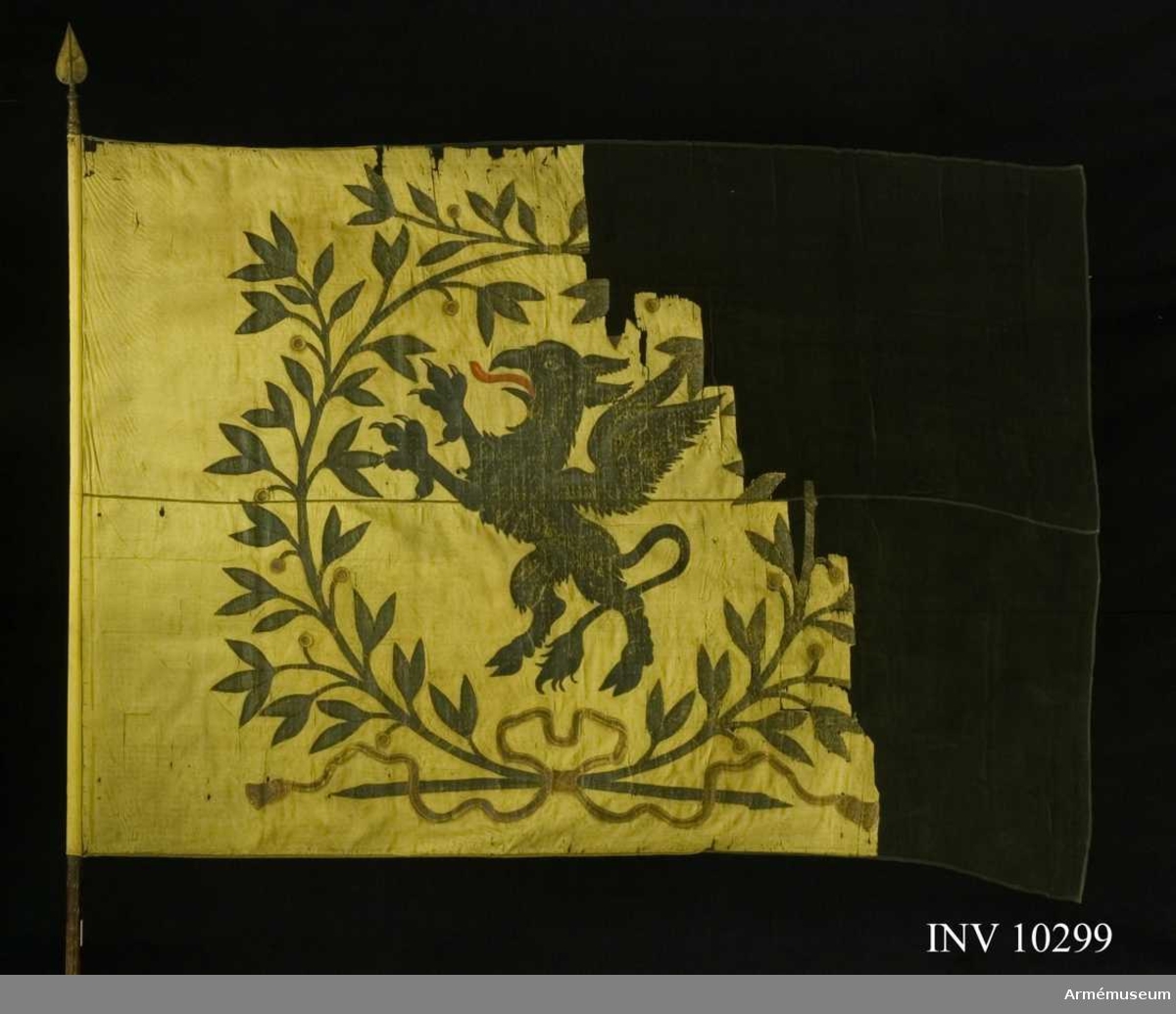 Grupp B I.
Fanduk av gul taft med målade emblem: Södermanlands sköldemärke en svart grip med röd tunga, omgivet av en krans av tvenne lagerkvistar i svart och grönt med bär i guld och rött, nedtill hopknutna med bandrosett i guld och rött. Fastspikad med gult sidenband och kupiga mässingsstift. Tillverkad 1730 av Johan Wijkman. Stång av furu, brun. Spets av förgylld mässing, holken med profilerade vulster. Bladet lansettliknande, förvaras i rullen.Tillstånd: Duken blekt och starkt fragmentarisk, övre och yttre delen saknas. De kvarvarande delarna insydda mellan crepelin.