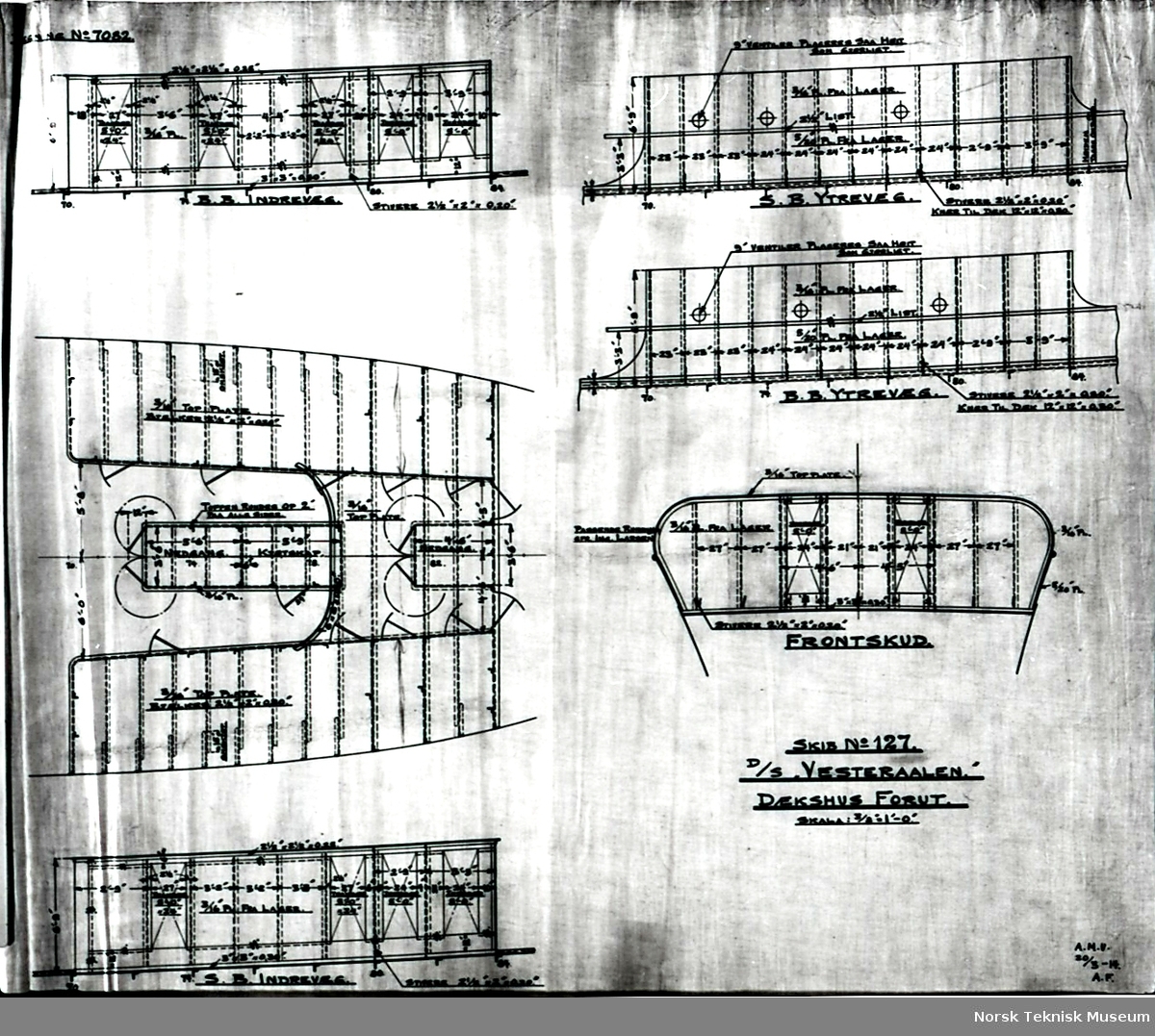 Tegninger av B/N 127 DS Vesteraalen bygget ved Aker mek. Verksted for Vesteraalens Dampskibsselskab (VDS), sjøsatt 1890 og overlevert i 1891