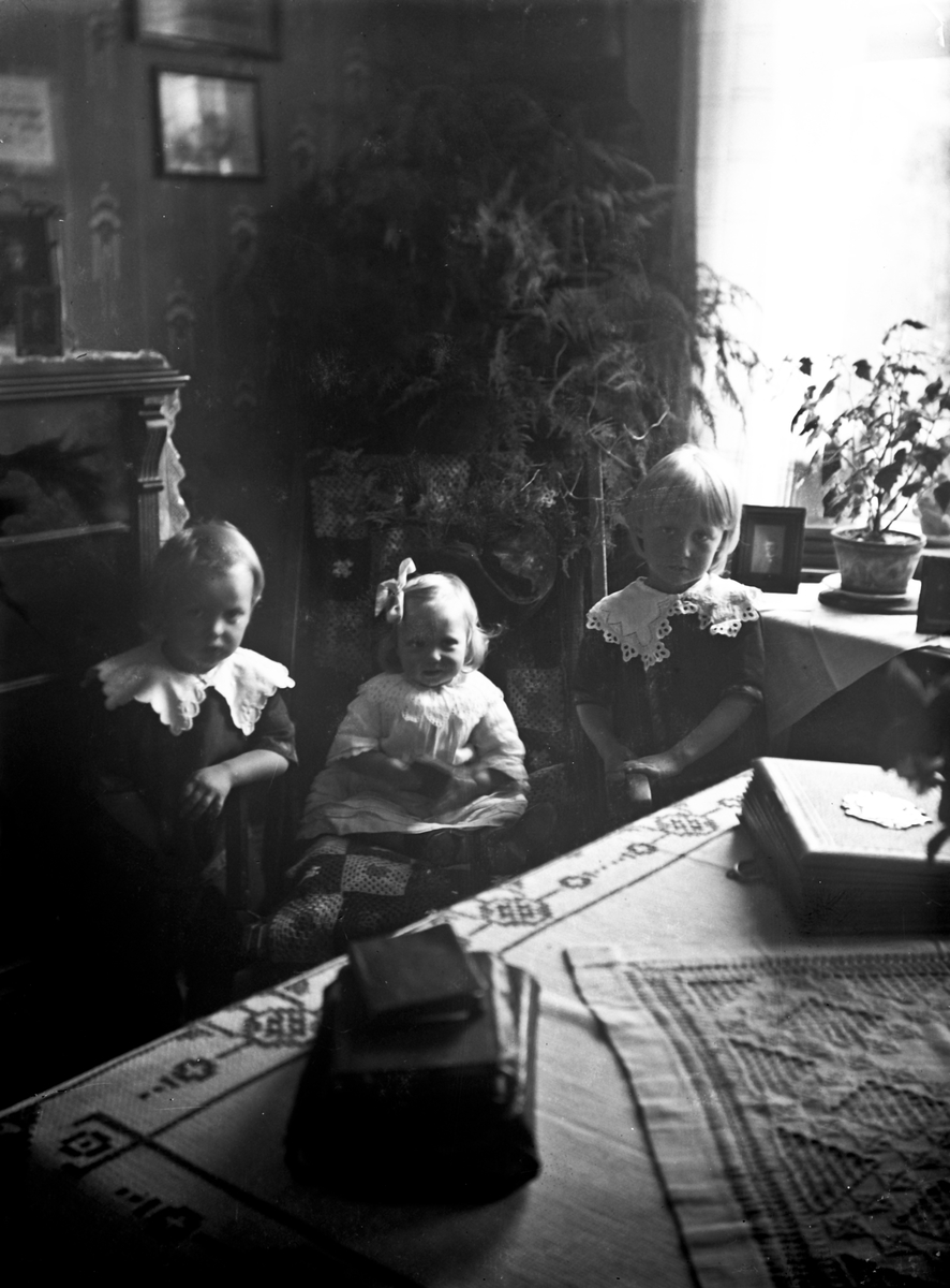 Porträtt av tre finklädda barn i hemmiljö.