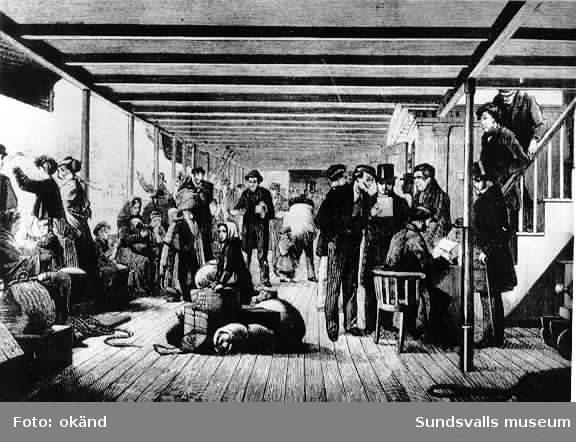 "Från promenaddäcket" foto av tavla av okänd konstnär skildrande passagerare på emigrantskepp i mitten av 1800-talet. Fotot från Helge Höglunds efterlämnade samling.