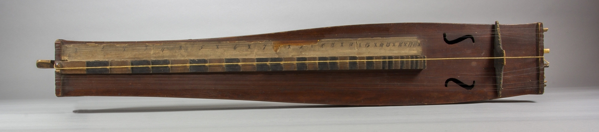 Psalmodikon från Nöbbele, Småland, från c:a 1850. Låda av trä med en sträng, plats för 12 bordunsträngar. Lätt utsvängda sidor, S-formade ljudhål. En remsa av papp med siffror för notlägen monterad på ena sidan om tonbrädan.
