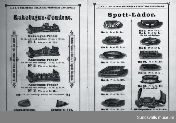 Annons för Bolinders produkter: kakelugnsfendrar och spottlådor.