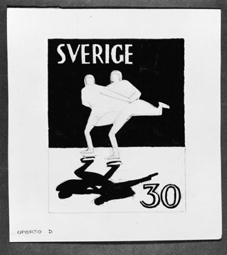 Ej realiserade förslag till frimärke Riksidrottsförbundet 50 år, utgivet 27/5 1953. Svenska gymnastik- och idrottsföreningars
riksförbund bildades 1903. Konstnär: Stig Blomberg.
Valör 30 öre.