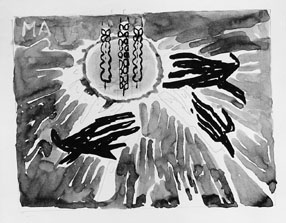 Frimärksförlaga till frimärket Världskampanjen mot hunger, utgivet 21/3 1963. Med anledning av FN-kampanjen mot hungern. Motivet är tre stycken sädesax samt stiliserade händer. Originalteckning och förslagsskisser utförda av Vera Nilsson.