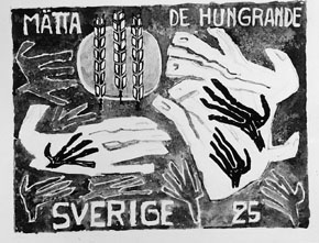 Frimärksförlaga till frimärket Världskampanjen mot hunger, utgivet 21/3 1963. Med anledning av FN-kampanjen mot hungern. Motivet är tre stycken sädesax samt stiliserade händer. Originalteckning och förslagsskisser utförda av Vera Nilsson
Valör 25 öre.