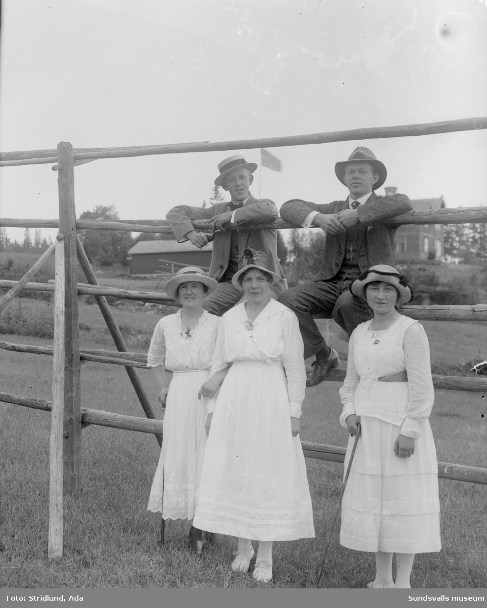 Tre kvinnor och två män finklädda, kvinnorna står framför en höhässja medan männen sitter uppe på hässjan. Okänd.