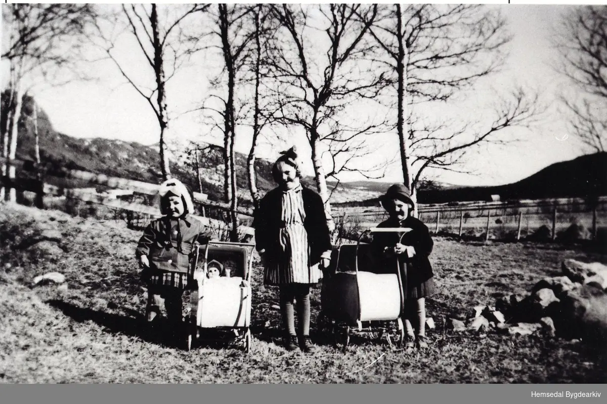 På tur med dokker og dokkevogn på Embre,66.1, ca. 1955
Frå venstre: Berit Marie Fekene, Kirsti Helgesen og Tove Helgesen