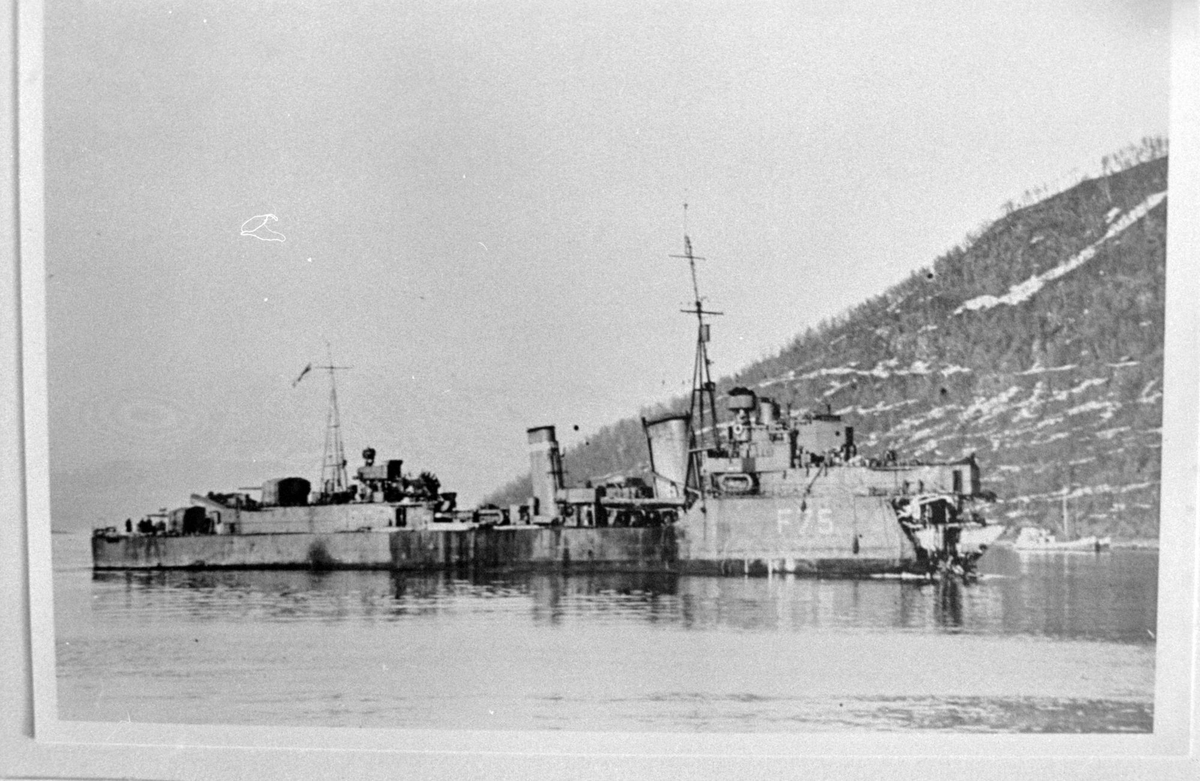 Den britiske destroyeren HMS "Eskimo" med bortsprengt baug, fotografert på Harstad havn med ytre Gangsås i bakgrunnen.