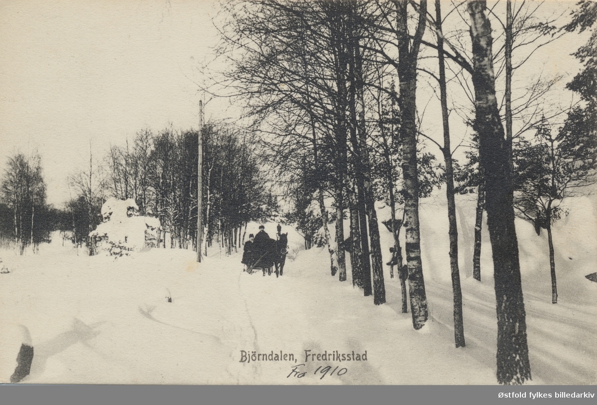 Vinterlandskap fra Bjørndalen i Fredrikstad ca. 1910. Hest og slede samt kusk og passasjer. 

Del av Fredrikstadmarka.