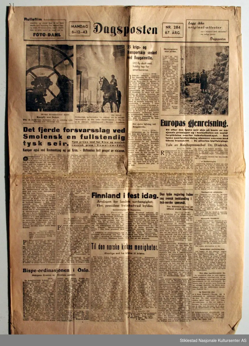 Avisen Dagsposten med 6 sider i fullformat. Utgitt forjulsvinteren 1943. 
Illustrert med bilder.