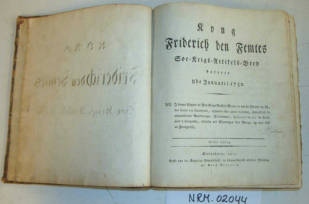 Kong Friderich den Femtes Søe-Krigs-Artikels-Brev
dateret 
8de Januarii 1752
Andet Oplag, 
Kiøbenhavn, 1811.