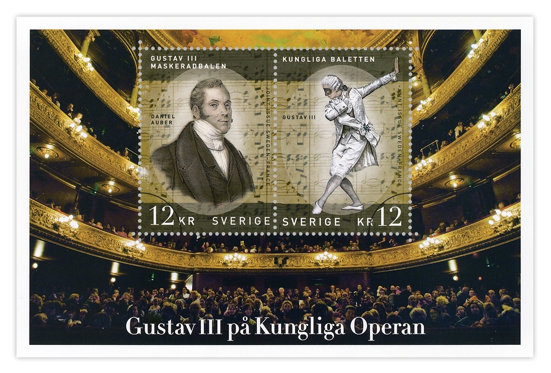 Porträtt av Daniel Francois Esprit Auber som finns i centrum av frimärksbilden och i bakgrunden noter ifrån operan Gustav III maskeradbalen.