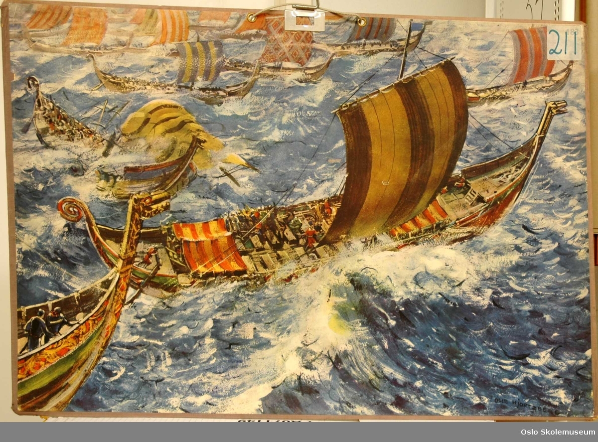 Vikingflåter på havet under en storm.