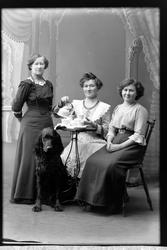 Studioportrett av tre kvinner og en hund i helfigur.