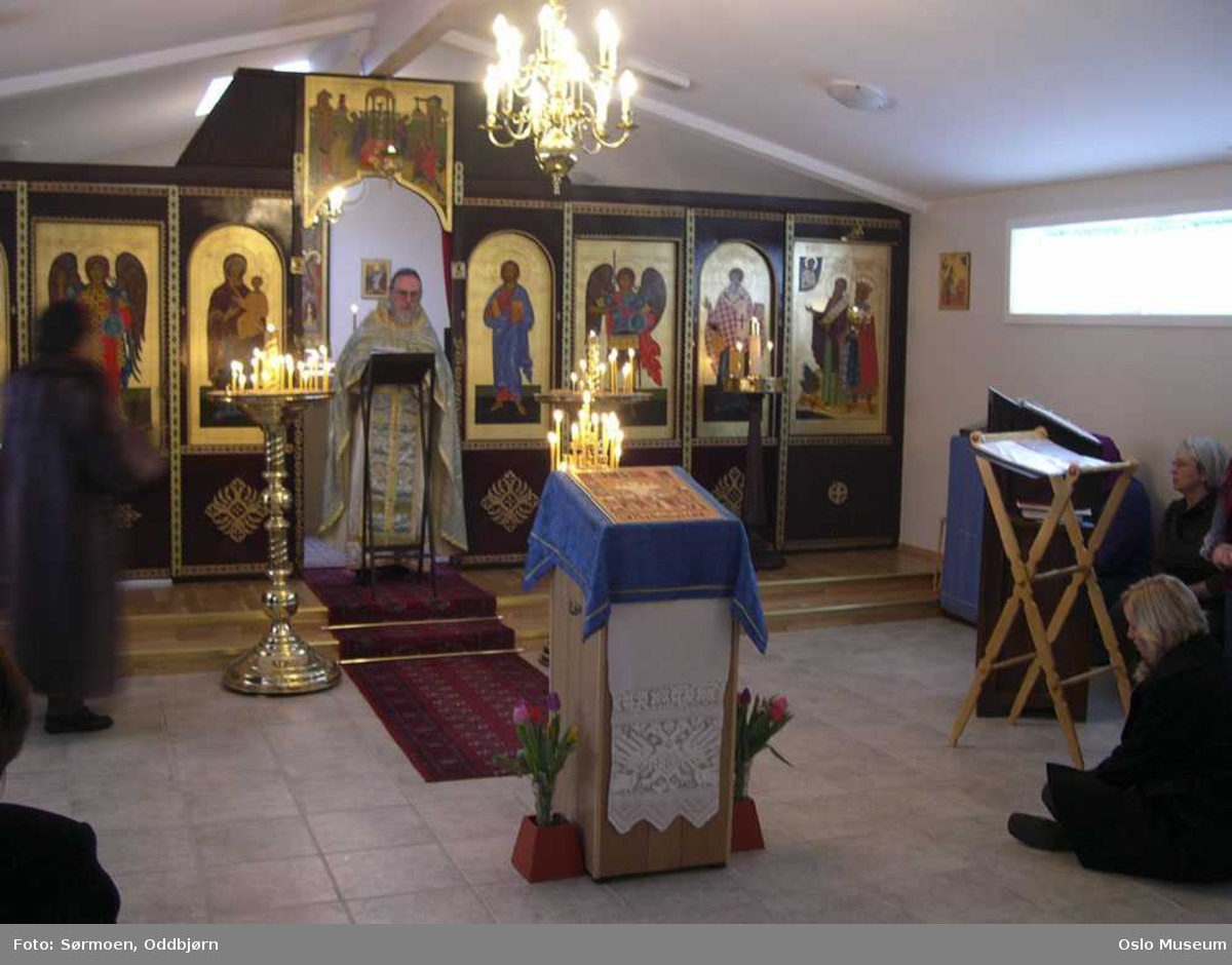 Ortodoks, Hellige Nicolai kirke, interiør, eksteriør, helgener, seremoni, alter, prekestol, lys, ikoner, prest, mann, kvinne