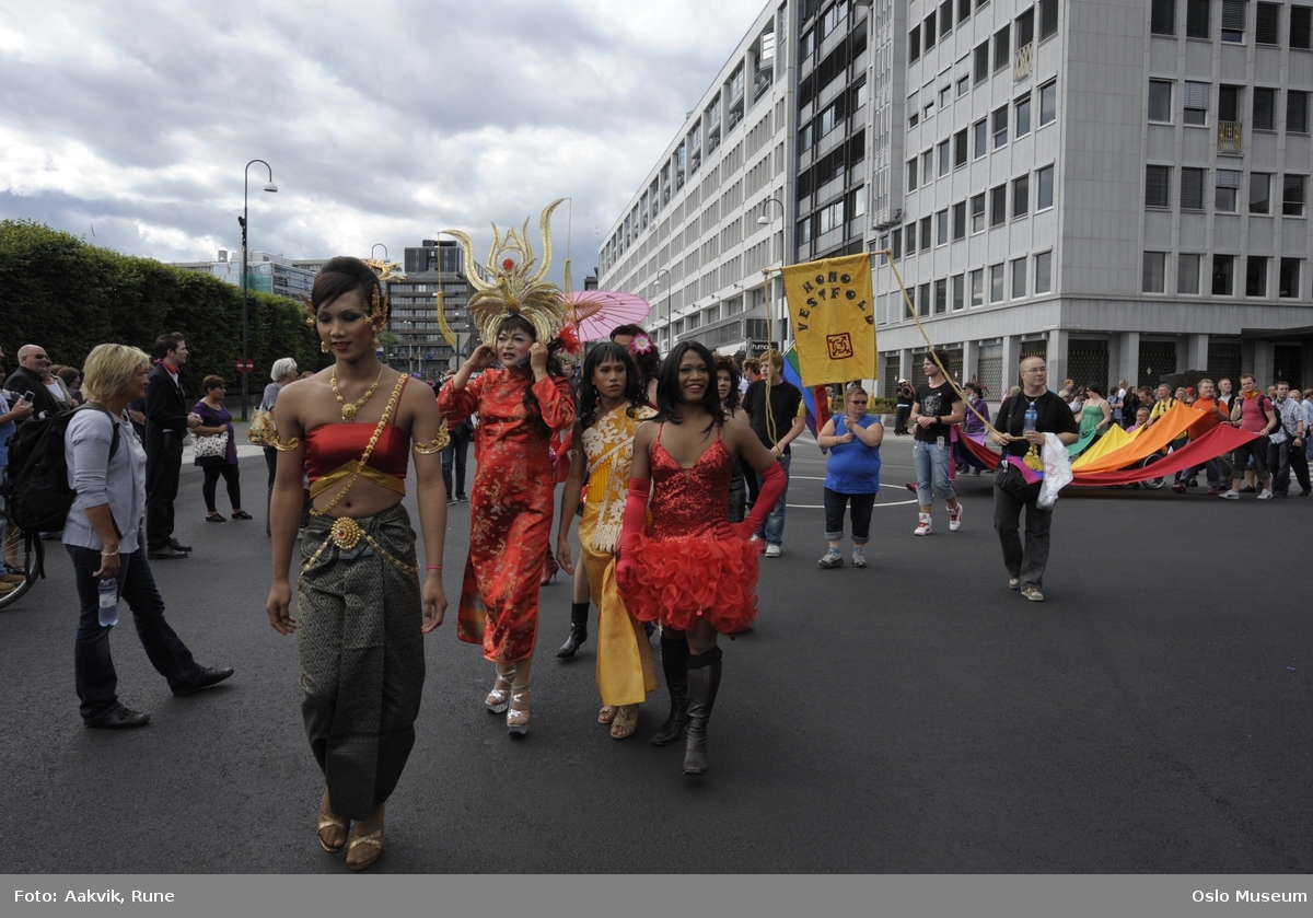 Fotodokumentasjon av Homoparaden 2008. Mennesker, opptog, parade, kostymer, kjøretøy, tilskuere, bannere, paroler, parykker, sminke, menn utkledd som kvinner.