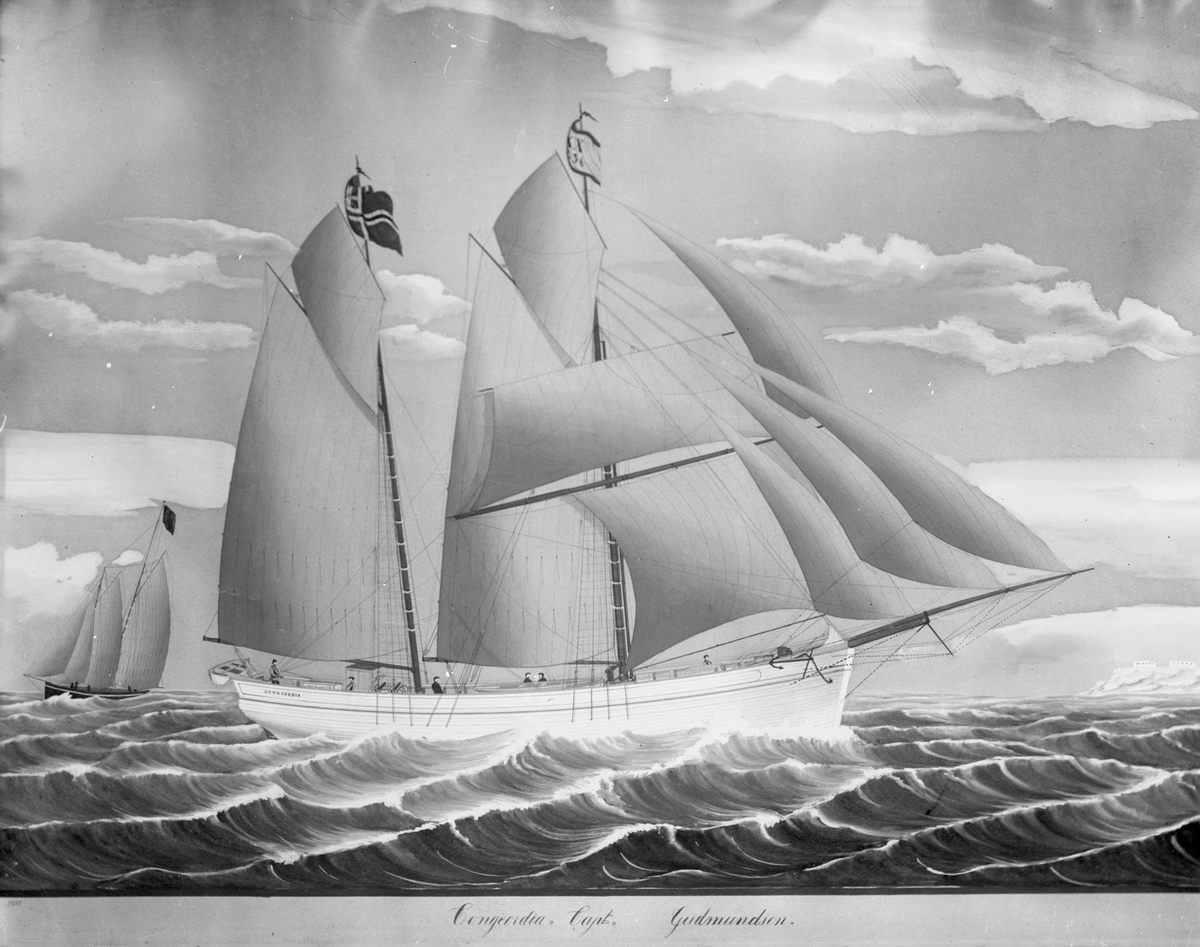 Avfotografert maleri av galeasen "Concordia" fra Haugesund i åpent farvann. I bagrunnen seiler et annet skip.