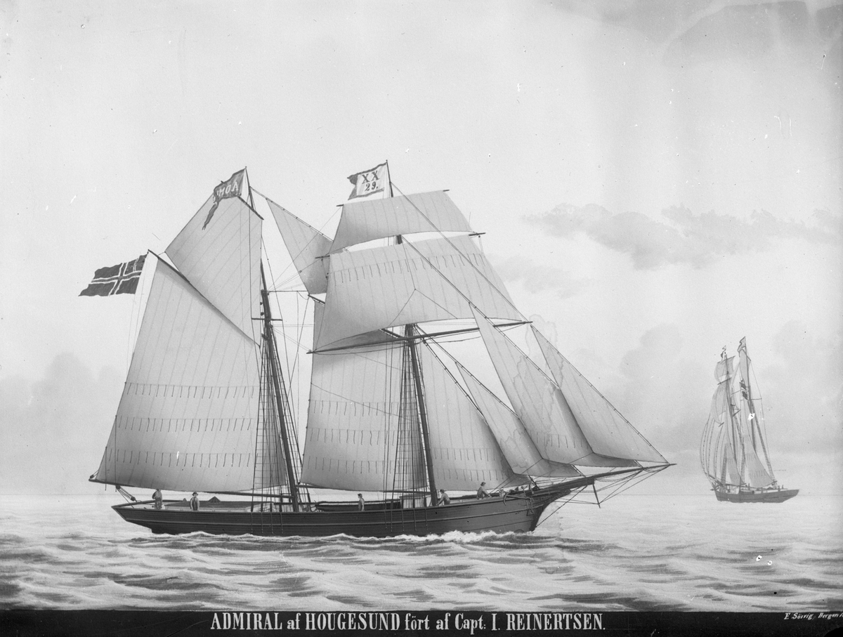 Avfotografert maleri av skonnerten "Admiral" fra Haugesund i åpent farvann. I bakgrunnen seiler et annet seilskip.