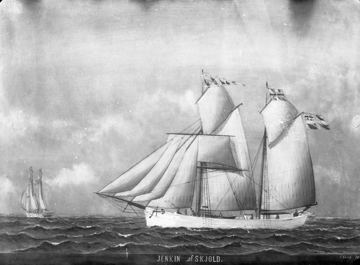 Avfotografert maleri av galeasen "Jenkin" i åpent farvann. Bak til høyre seiler et annet seilskip.