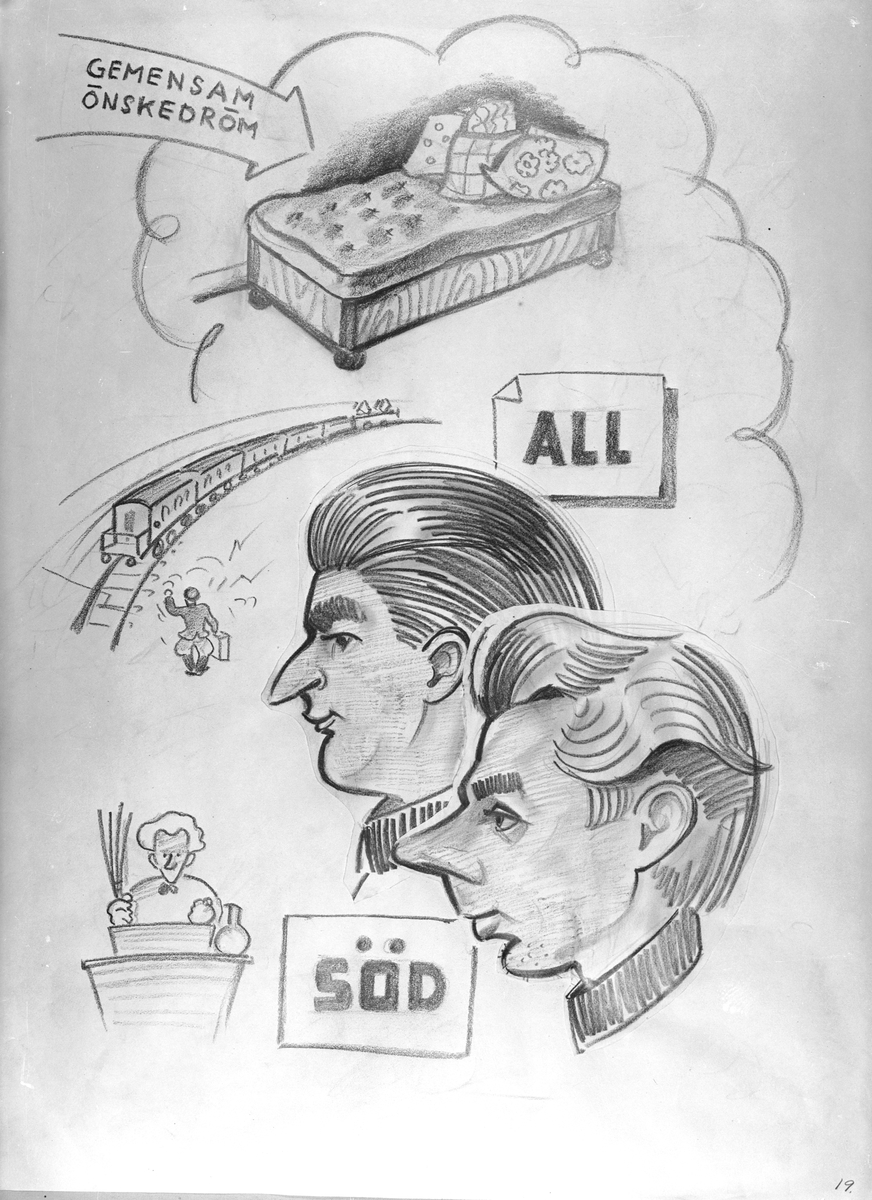 Karikatyrbild av militärer ur flygvapnet, 1930-tal.  Märkt 'ALL', "SÖD'.   Avfotograferad teckning.